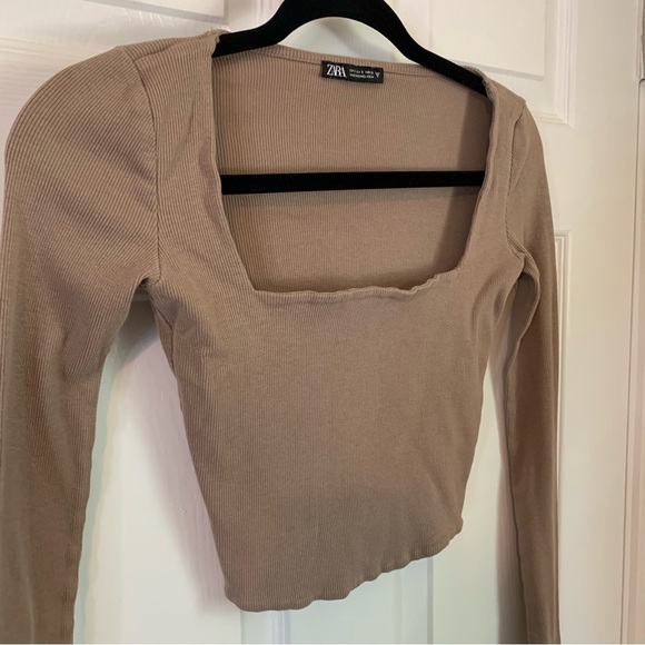Zara Taupe Long Sleeve Ribbed Knit Crop Top, size S - Picture 3 of 7